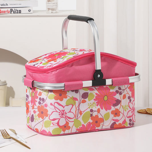 Pink and Floral Pattern Large 27L Foldable Insulated Picnic Basket Cooler Bag - Lightweight Thermal Hamper with Aluminum Handles for Outdoor, Shopping & Camping