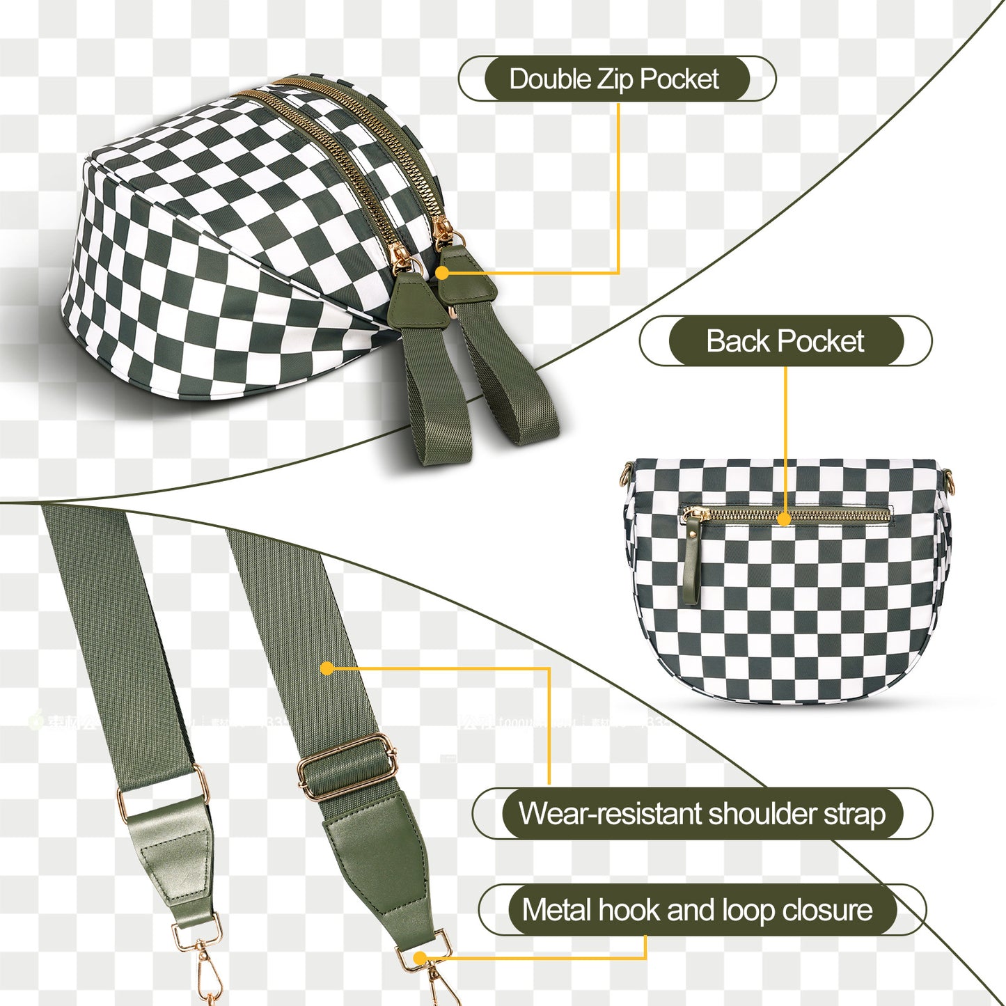 Rose Red Checkered Trendy Sling Bag - Women's Crescent Crossbody Purse with Wide Adjustable Strap