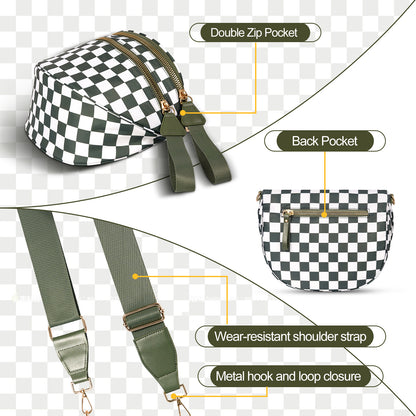 Rose Red Checkered Trendy Sling Bag - Women's Crescent Crossbody Purse with Wide Adjustable Strap