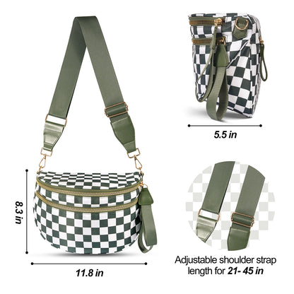 Dark Purple Checkered Trendy Sling Bag - Women's Crescent Crossbody Purse with Wide Adjustable Strap