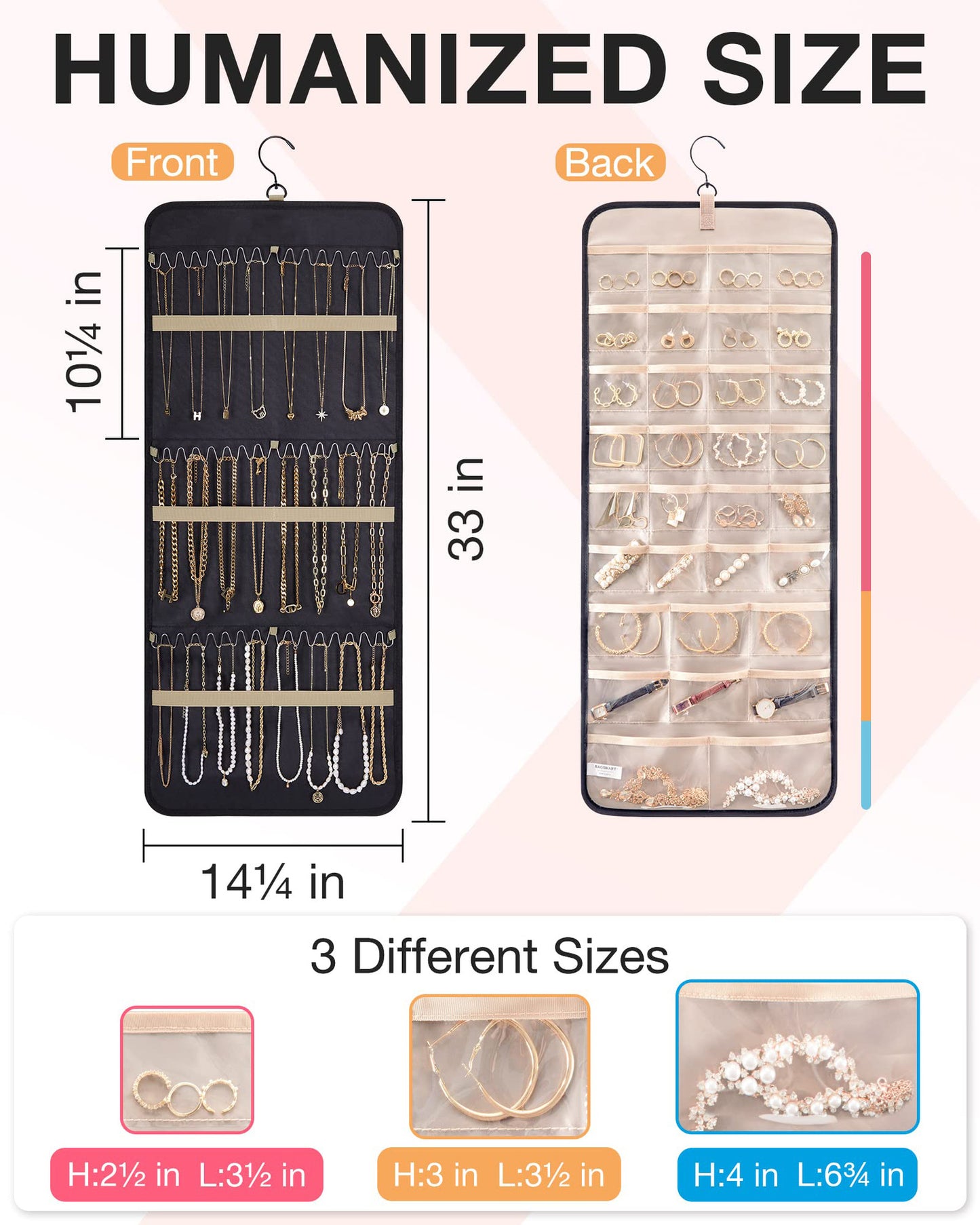 Black Hanging Jewelry Organizer - Closet Storage for Necklaces, Earrings, and Rings with Clear Pockets(14*33inch)