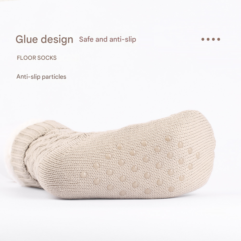 Black Women's Cozy Cable Knit Slipper Socks - Plush Fleece Lined Thermal Socks with Non-Slip Grips