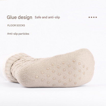 Black Women's Cozy Cable Knit Slipper Socks - Plush Fleece Lined Thermal Socks with Non-Slip Grips