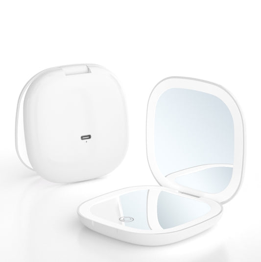 2-piece White Portable LED Makeup Mirror - Rechargeable Compact with 3-Color Lights & 5x Magnification