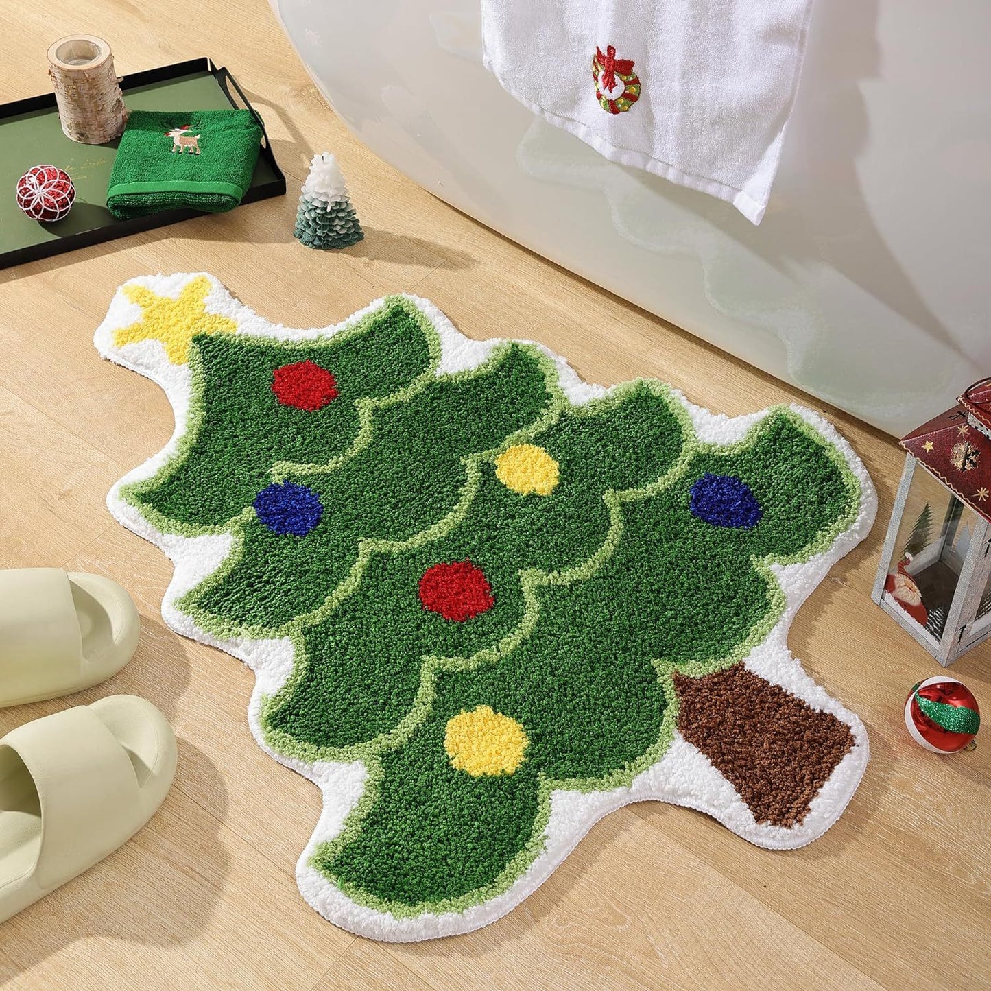 Green Christmas tree style Festive Christmas Shaped Floor Mat - Plush Non-Slip Holiday Accent Rug(Style 1)