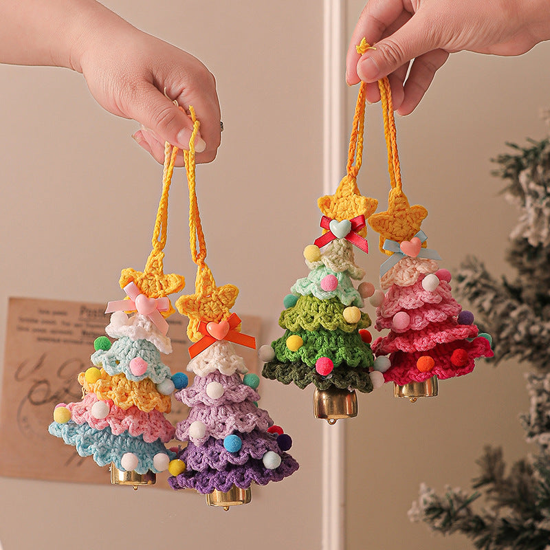 2 Pcs Handmade Crochet Christmas Tree Ornament - Plush Knitted Decoration with Bell - Ideal for Home, Car & Holiday Decor(Style B)