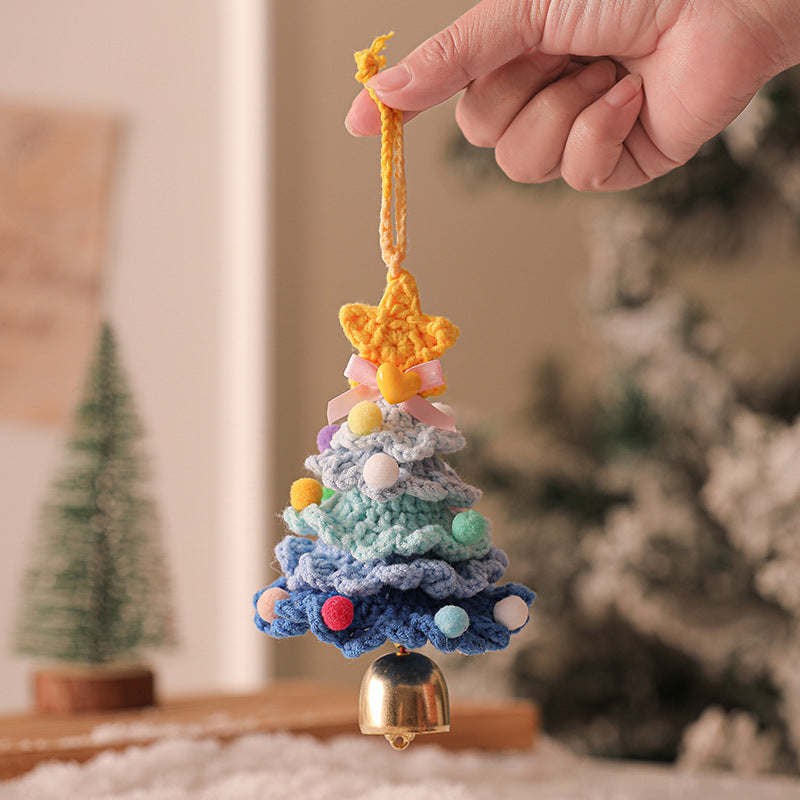 2 Pcs Handmade Crochet Christmas Tree Ornament - Plush Knitted Decoration with Bell - Ideal for Home, Car & Holiday Decor(Style F)