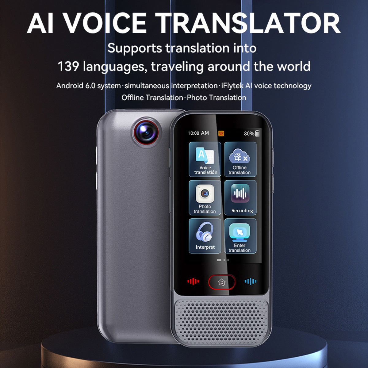 AI Smart Language Translator Device - 139 Languages, Instant Two-Way Voice & Photo Translation, Offline Mode(grey)