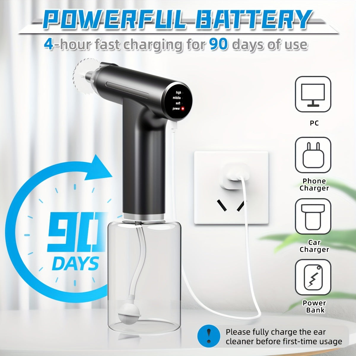 Rechargeable Electric Ear Wax Removal Kit - 3 Pressure Modes, LED Light & 90-Day Battery Life(black)