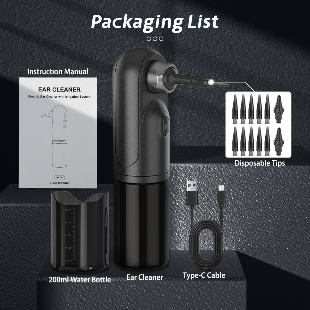 Rechargeable Electric Ear Cleaner & Washer Kit - Waterproof Ear Wax Removal System with 4 Modes & 12 Tips(black)
