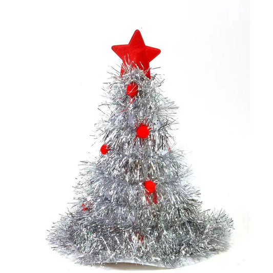 Silver Sparkly Tinsel Christmas Tree Hat - Festive Holiday Party Headwear for Adults & Kids