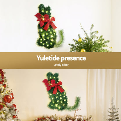 Jingle Jollys Cat Christmas Wreath Pre-lit 20 LED Xmas Decor Bow Flower 35x30cm