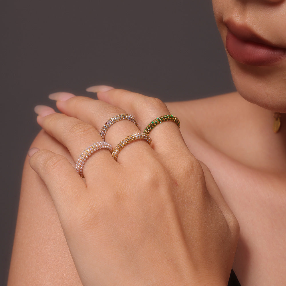PVD Electroplated 18K Gold Inlaid  Pearl Ring Female
