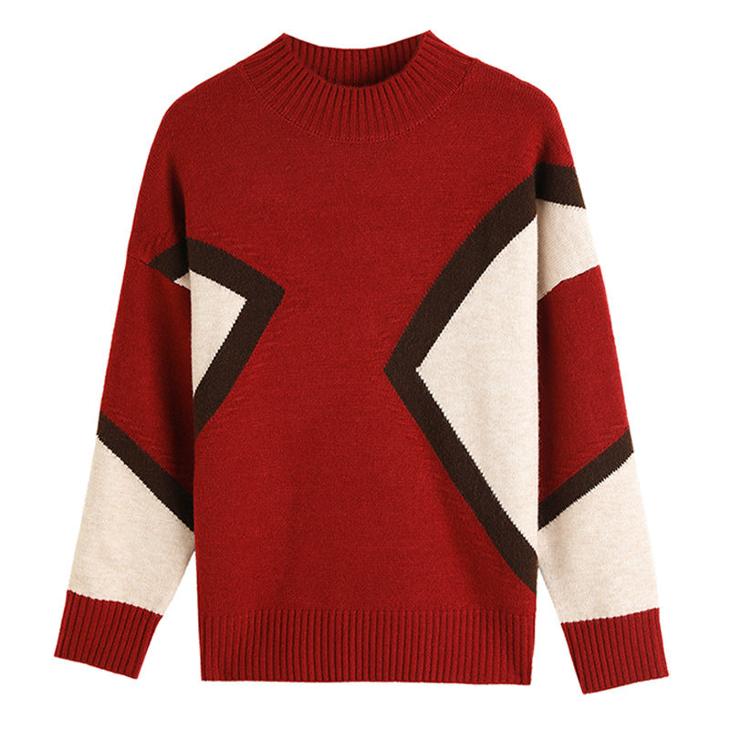 Women's Half Turtleneck Loose-fitting Versatile Sweater Color Matching Knitted Bottoming Shirt