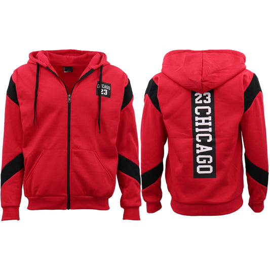 Men's Fleece Zip Up Hoodie Shirt Chicago Bulls 23 Michael Jordan Sweat Jacket, Red, S